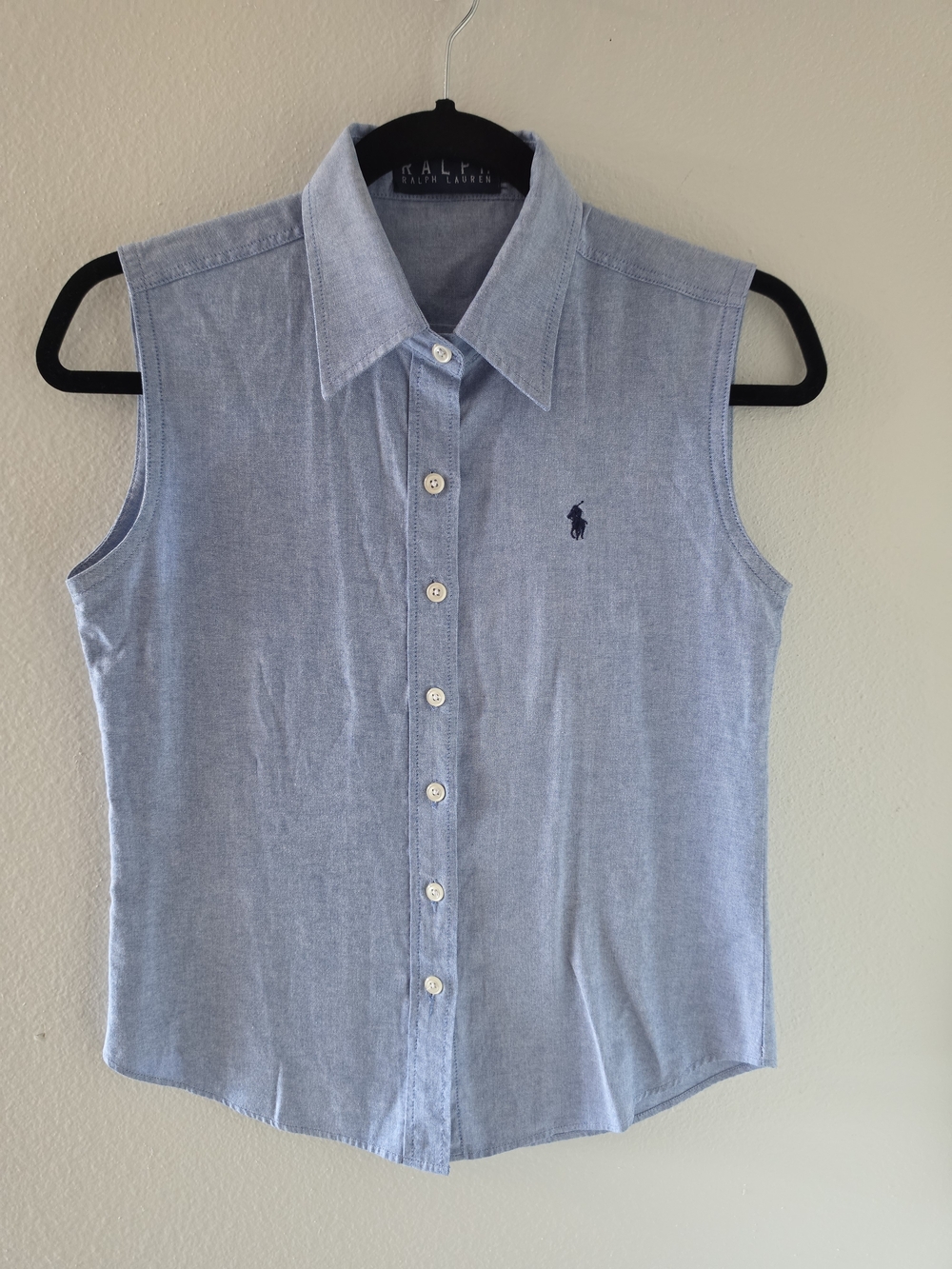 Ralph Lauren Light Blue Sleeveless Button-Down Shirt with Navy Pony